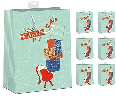 PremiumLine Geschenktaschen Weihnachten 6 Stück | DIN A4 Geschenktüten Papier Geschenkbeutel groß | farbige Kordel, Namenskarte | Santa Claus, Large 26x32x12cm | Skorpion Papeterie