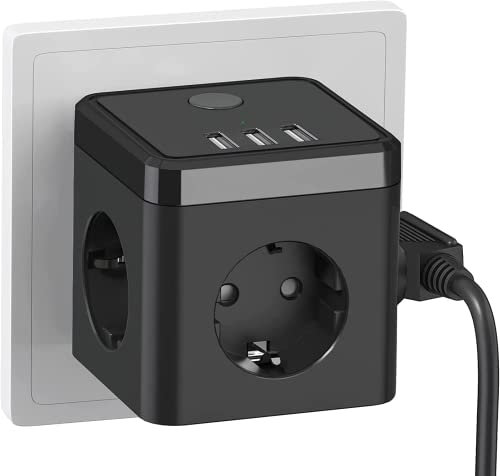 Steckdosenwürfel mit USB, 6 in 1 Steckdosenadapter mit Schalter für Zuhause,Schwarz