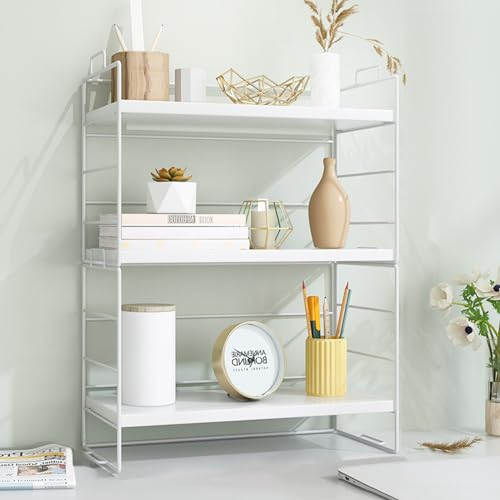 kyaoayo Desktop-Bücherregal Tischregale, 3 Schicht Schreibtisch-Organizer, Einstellbar Schreibtisch-Aufbewahrungsregal, Bücherregal, Küchenregal, Kosmetikregal (Weiß, Doppelgestell 3 Lagen), TS12