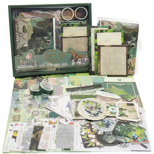 Irayin Vintage Scrapbook Zubehör Set, 155 Stück Bullet Journal Zubehör Set mit A6 Raster Notizbuch, Scrapbook Stickers, Reisebuch Geschenkset, DIY Geschenk für Mädchen Damen(Wald)