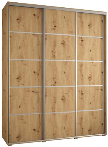 MEBLE KRYSPOL Davos 4 200 Schrank mit DREI Schiebetüren für Schlafzimmer - Moderner Kleiderschrank mit Kleiderstange und Regalen - 235,2x200x60 cm - Artisan Artisan Silber
