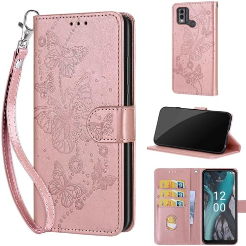 TOMYOU Coque pour Nokia C32 / C22 Étui, Antichoc Portefeuille Etui Flip Folio Case Cover Étui avec [Fentes pour Cartes] [Magnétique] Compatible Nokia C32 / C22 Rose Or
