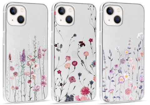Foonary 3 Piezas Transparente Funda para Apple iPhone 15 6,1, Aesthetic Flores Dibujos Diseño Motive Carcasa, Ultra Fina Suave Silicona Cover Anti-arañazos Antigolpes Bumper Case, Flores 01