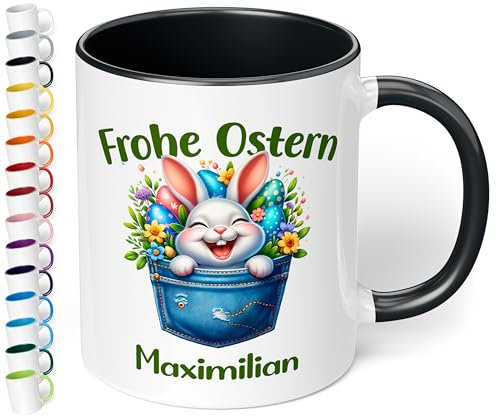 Tasse als Ostergeschenk personalisiert „Frohe Ostern“ Motiv: Osterhase Ostereier – 330ml Keramik Kaffeetasse mit Spruch – kleine Geschenke zu Ostern Easter gift (Schwarz)