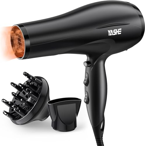 YASHE HD-8009BF Professioneller Haartrockner, 2400W Salon Ionic Föhn mit Diffusor und Düse, Schnelles Trocknen mit 2 Geschwindigkeiten, 3 Hitzeeinstellungen und Kühltaste