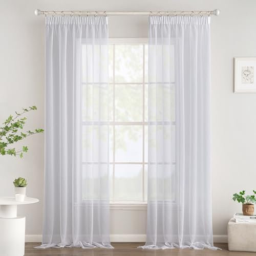 Woaboy Gardinen mit Kräuselband Fenster Voile Vorhänge Wohnzimmer Transparent Sheer Curtains Stores Gardine Schlafzimmer Modern Schlaufengardinen 2er Set 140x200cm (BxH) Weiß