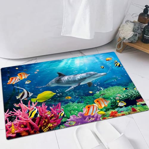 EMFSLA rutschfest Badezimmer Badeteppiche,Weich Hochflor Saugfähig Badvorleger Waschbar Flauschige Mikrofaser Badematte,Delphin-Korallen-Bunte Fische unter dem Meer,40x60 cm