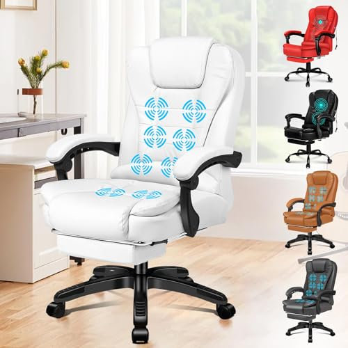 ELFORDSON Executive Office Chair with 8-point Massage Seat Heated, PC Desk Gaming Chair with Armrests Footrest High Back 150° Recliner Tilt Padded Swivel PU Leather, White