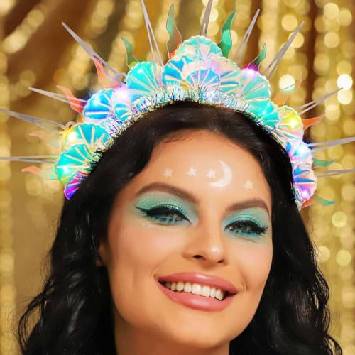 Vakkery LED Muschel Haarreif Leuchtender Halo Kronen Stirnbänder Meerjungfrau Kostüm Haarband Kopfschmuck Blinkender Halloween Festival Haarschmuck für Damen