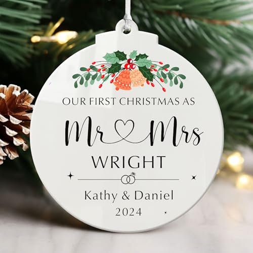 Personalised Christmas Tree Decorations Gifts Our First Christmas Custom Christmas Baubles Custom Mr and Mrs Gifts with Any Text White Acrylic Xmas Gifts for New Couple Wife Husband(Round 1)