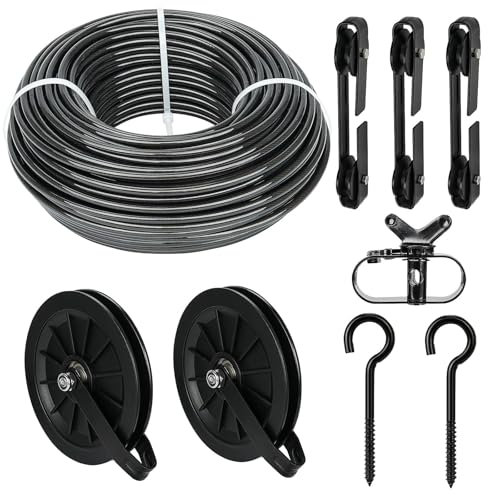 fshihine 45M Wäscheleine Riemenscheibe Set, 5mm Schwarz PVC Ummantelt Drahtseil mit 6,3 Zoll Nylon Umlenkrollen, M8 Schraubhaken, Spreizer Wäscheleine, Wetterfest für Outdoor Wäsche Trockenschnur
