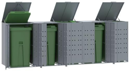 Cinyiqo Wheelie Bin Storage for 5 Bins Grey 345x79x117 cm Steel-Garden Wheelie Bin Hideaway Waste Bin,Storage Shed w/Locking Doors Assisted lift up Lid easy use Outdoor Hygienic Dustbin Unit Cover Ste