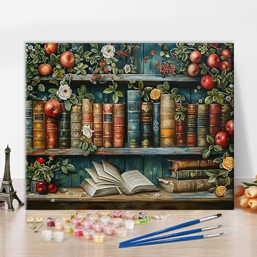 TISHIRON Malen Nach Zahlen Erwachsene Bücherregal Obst Malen Nach Zahlen Ab 9 Jahre Mädchen Buch Malen-Nach-Zahlen Erwachsene DIY Handgemalt Ölgemälde Kit Leinwand Heimdekorations Malerei, 40x50cm