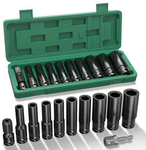 KeZaara 1/2 Juego de Llaves de Vaso, Vasos de Impacto 11 Piezas, 10-24mm, con 2 Adaptador de Dado 1/4, para Reparación de Automóviles y Sustitución de Neumáticos