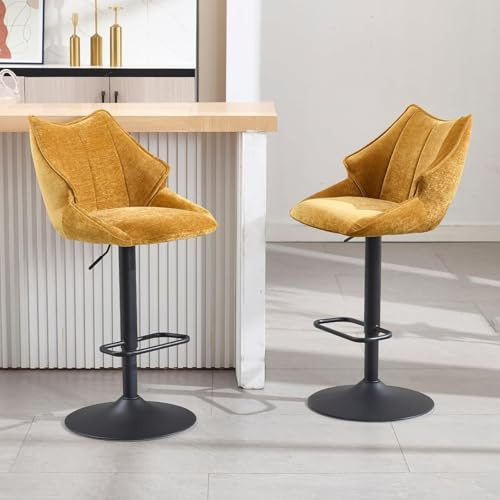 chairus Barhocker 2er Set Barstuhl aus Chenille, Küchenhocker Drehbar Tresenhocker Gepolsterter, Bistrohocker Höhenverstellbar für Küche, Theke,Gelb
