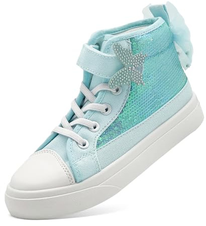 sharllen Girls Trainers Kids High Top Canvas Shoes Glitter Sequins Bowknot Pumps Easy Fasten Lightweight Casual Sneakers(Light Blue 236)