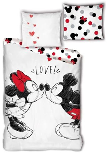 Disney Minnie & Mickey Maus Bettwäsche 155x200 cm – Wendebettwäsche aus 100% Baumwolle – Kissenbezug 50x80 cm – Romantisches Design – für Kinder & Teenager