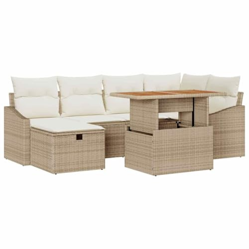 vidaXL 7-teiliges Garten-Sofa-Set mit Kissen in Beige, aus wetterfestem Poly Rattan. Modulare Outdoor-Möbel für Deine Terrasse, ideal für Erholung und Lounge-Gefühle im Garten.