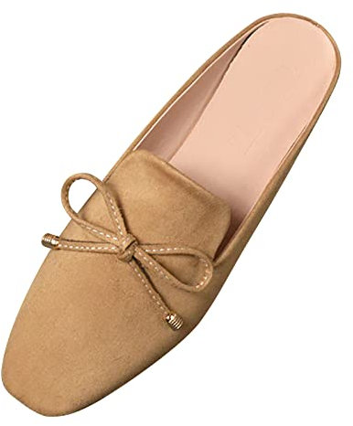 Mocassini da donna in pelle scamosciata, senza lacci, con fiocco, senza schienale, sandali estivi alla moda, leggeri e comodi, con punta bassa, punta rotonda, mocassini piatti, cachi, 40 EU