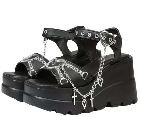 FQLGJMY Frauen Vegan Chunky Goth Schuhe Punk Stil Schuhe mit Schädel Sterne Kreuz Herz Kette Niet offene Zehe Rutschen auf Plattform Keil Rutsche Sandalen Sommer Punk Beach Slippers
