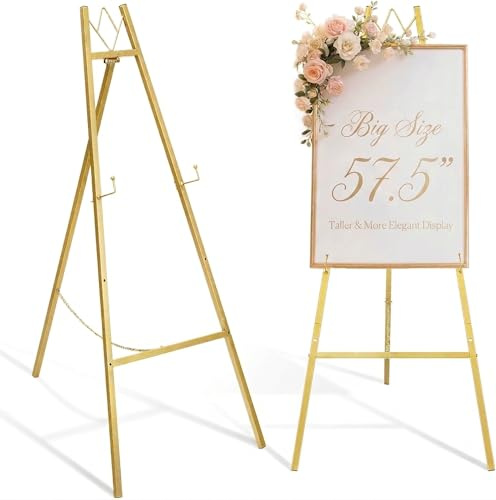 GRENTY 57.5 Gold Easel Stand for Wedding Sign, Heavy Duty Metal Display Stand, 4-Tier Height Adjustable Easel for Art, Paintings, Welcome Signs, Posters, and Décor, Simply Assembly Required