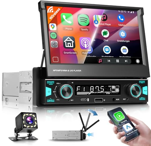 VECHTEL Autoradio 1 Din Carplay Android Auto Wireless mit 7 Zoll Manuell ausziehbarer Bildschirm,1-DIN-Radio AM/FM/RDS mit Bluetooth GPS/Navi,Mirror Link,USB/Type-C mit Rückfahrkamera,Lenkradsteuerung