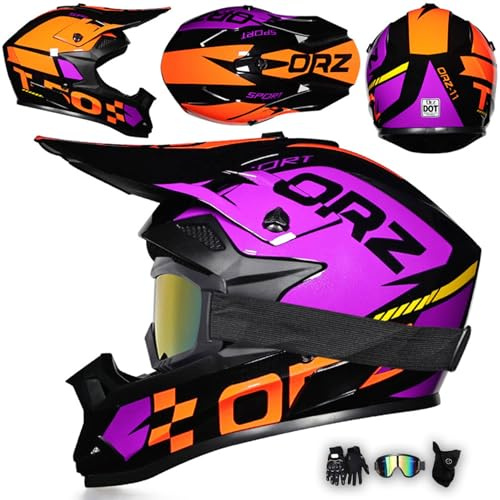 MODRYER Motocross Helm Fullface Downhill Motorradhelm Mit Brille Handschuhe Maske, Kinder Erwachsene MTB Helm Enduro Integralhelm ATV Quad BMX MTB Helmet Für Damen Herren,Purple-L