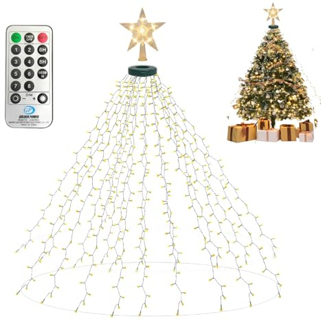 BeauFIvv Weihnachtsbaum Lichterkette mit Ring und Topper Stern, 450 LEDs Weihnachtsbaum Beleuchtung 2M x 18 Stränge, 8 Leuchtmodi Wasserdicht für 150cm bis 200cm Tannenbaum-Warmweiß