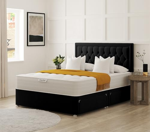 COZY HUB LTD Hilton Florida Divan Bed with 10 Inch Ortho Tufted Mattress & Plush Velvet Headboard – Luxury Divan Set with Drawer Storage Options. (Black, 4Ft6-2 Drawers)