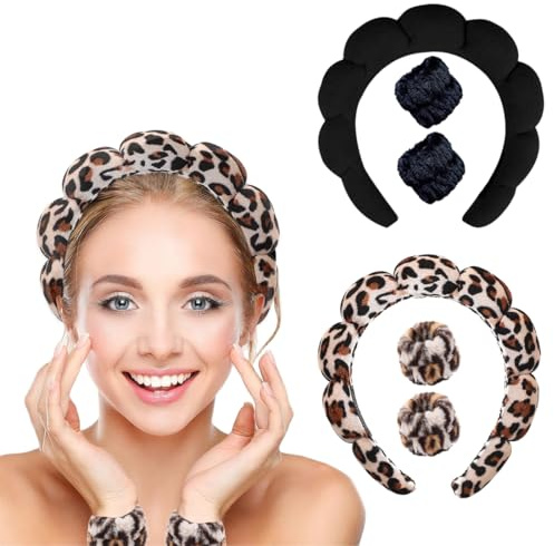 DIFLAX 2 Pièces Bandeau Spa Pour Le Lavage du Visage Set de Poignets Éponge Doux en Tissu Éponge Pour Le Maquillage et Les Soins de la Peau Bandeau Antidérapant Pour Les Femmes (Noir+Imprimé Léopard)