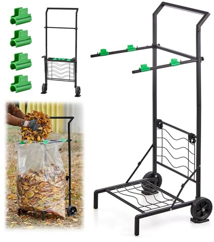Foldable Leaf Bag Holder, Mobile Trash Bag Holder Stand with Removable Arms and Dual Fixing Design, Adjustable 30-45 Gallon Portable Lawn Bag Cart for Yard Cleanup, Gardening, Leaves, Camping, Parties