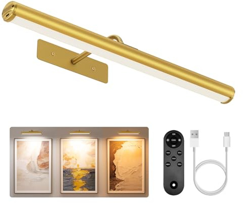 EZVALO Picture Lights for Wall, 16'' Wireless 6000mAh Rechargeable Battery Operated Painting Light with Remote, 3 Color Temperatures Art Light for Gallery, Living Room, Hallway (Gold, 16in)