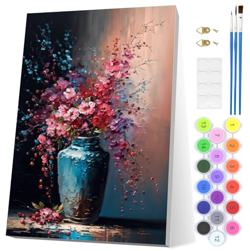 EOBROMD Flowers Paint by Numbers for Adults with Frame, Flowers in Vase Paint by Numbers Kits, Acrylic Easy Painting by Numbers for Gift Home Wall Decor (8x12in/20x30cm)
