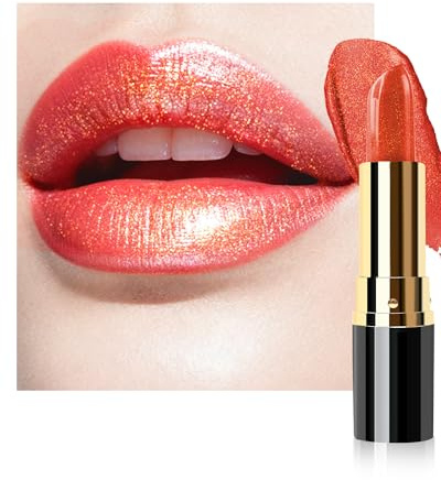 Rossetto metallizzato lucido, rosso corallo, glitterato, a lunga durata | Rossetto glitterato con texture liscia idratante, colori intensi, vegano, impermeabile, per donne