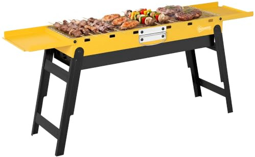 Outsunny Portable BBQ Grill, Foldable Charcoal Grill for Camping and Picnics, Charcoal Barbecue with 2 Side Shelves and Handle, Yellow
