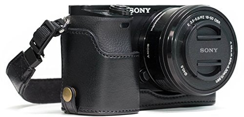 MegaGear MG960 Ever Ready Leather Half Case and Strap with Battery Access for Sony Alpha A6300/A6000 Camera - Black