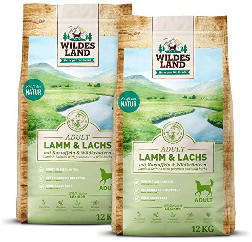 Wildes Land - Nr. 7 Lamm & Lachs - 24 kg - mit Kartoffeln und Wildkräutern - Glutenfrei - Trockenfutter für Hunde - Hundefutter mit hohem Fleischanteil - Hohe Verträglichkeit