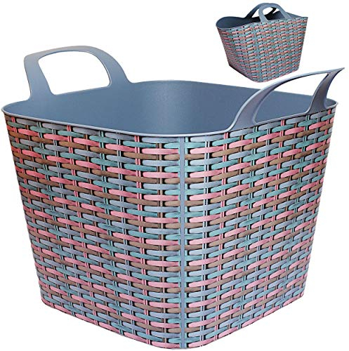 Flexi & flexibel - XXL großer Garteneimer/Eimer/Wäschekorb/Trog/Bottich - Blumentopf/Pflanzkübel - geflochten - blau - grau bunt - 48 Liter - Tasche..
