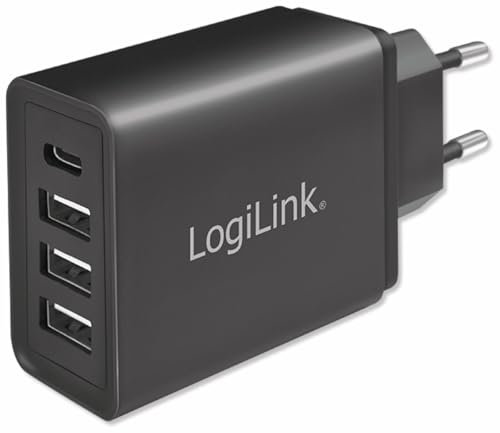 LogiLink PA0221 - USB Steckdosenadapter (3x USB-A, 1x USB-C™) 27W für Smartphones/Tablets/eBooks/etc. - Überlast-, Überspannungs-, Überhitzungs-, Überlade- und Kurzschlussschutz, FastCharge