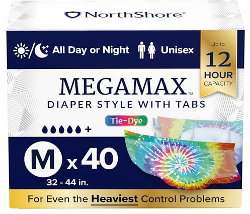 NorthShore MegaMax Inkontinenz-Unterwäsche für Erwachsene, 12-Stunden-Tab-Stil, Medium, 40-fädiges Etui, Batikfärbung, 81,3–111,8 cm, Unisex-Unterwäsche