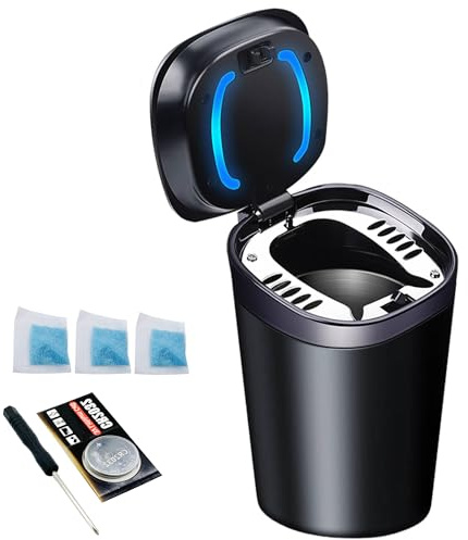 Car Ashtray with Lid Smell Proof, Smokeless Ashtray, Mini Car Trash Can, Detachable Stainless Steel Ash Tray with Lid and LED Blue Light