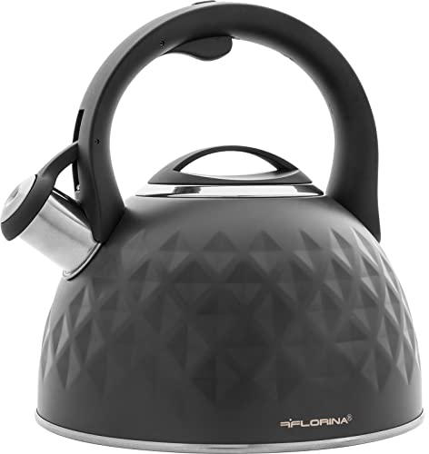 FLORINA Diamond Tetera con Silbato 2,5 L, Diseño Moderno, Hervidor de Agua Acero Inoxidable, Inducción, Vitrocerámica, Todo Tipo de Cocinas, Gris
