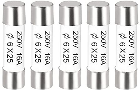 sourcing map Fusibles à Cartouche Tube en Céramique 16A 250V 6x25mm, Fusible à Coupure Rapide Rechange Remplacement pour Amplificateur Lampe à Économie Énergie Ballast, 5 Pièces