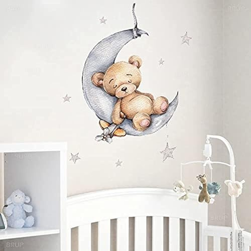 Wandaufkleber Teddybär schlafend auf dem Mond und Sternen für Kinderzimmer, Babyzimmer, Innendekoration, Wandaufkleber (Teddy Bear)