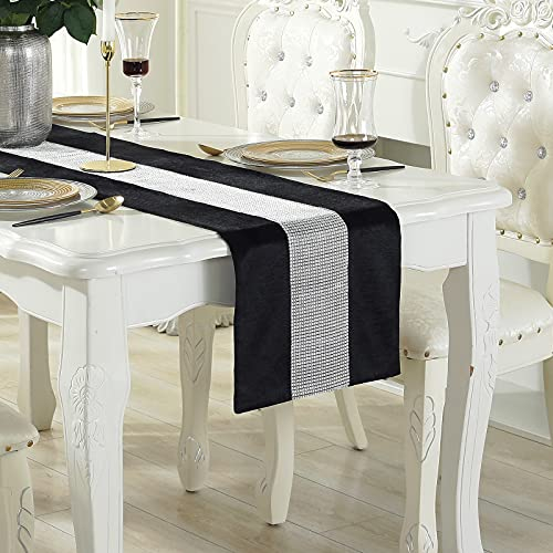 Deggodech Schwarz Tischläufer 210cm Lang Glitter Tischläufer Silver Diamant Table Runner für Partys Abendessen Küche Tischdekoration (32 * 210cm, Schwarz)