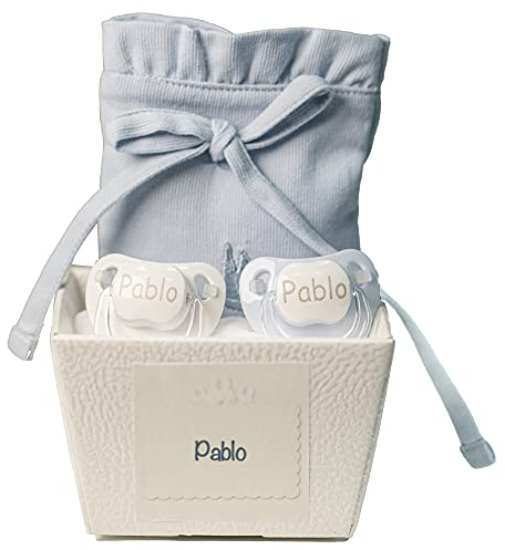 Regalo Neonato Maschio Femmina | 2 Ciucci per Bambini con Nome | de 0|6 Mesi e Portaciuccio blu | Senza BPA | Presentato in una scatola elegante personalizzata | | BebeDeParis