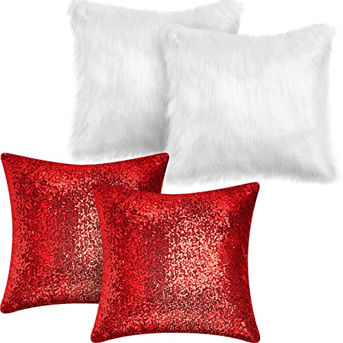 4 Stück Pailletten und Flauschige Kissenbezüge Kunstpelz Wurfkissenbezüge 45,7 x 45,7 cm Glitzer Dekorative Kissenbezüge Weiche Fuzzy Kissenbezug für Couch Bett Sofa Wohnzimmer Weihnachten (Rot, Weiß)