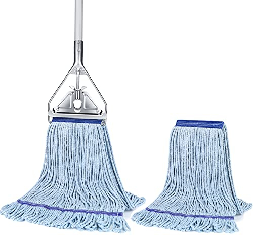 Mopa SOBONNE de Cuerda para Limpieza de Suelos, Industrial Comercial, Resistente con Cabezal de Microfibra de Algodón, Mango de Acero Inoxidable de 59 Pulgadas, Mopa Húmeda para Hogar, Garaje, Azul
