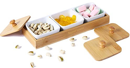 RoseFlower Servierschalen Set 3 bruchfeste Dip Schälchen mit Servierplatte, Snack Schalen Dipschalen mit passendem Tablett Ideal für Tapas, Antipasti, Dips