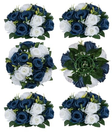 BLOSMON Lot de 6 Boules de Fleurs artificielles pour Mariage, compositions Florales, Bouquets de Roses, décorations d’intérieur, de Table, de fête (Violet, Bleu Marine et Blanc)